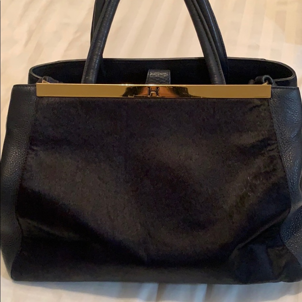 Halston blue calf fur and leather handbag